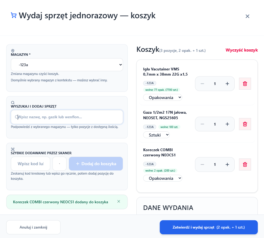 Koszyk wydania sprzętu jednorazowego